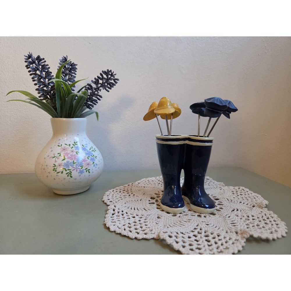 Vintage Hat Cocktail Picks Set of 6 with Blue Boot Holder Barware